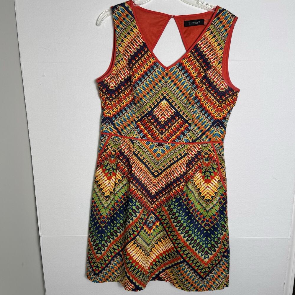 Ellen Tracy Women’s Dress Size 12 Sleeveless Vibrant Geometric Print Fit & Flare
